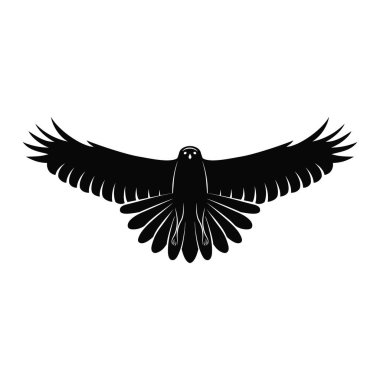 Uçan Falcon. Zarif logo şablonu. Beyaz izole yayılmış kanatlı bir yabani kuş silüeti. Retro tarzı. Siyah grafik amblemi. Vektör çizim