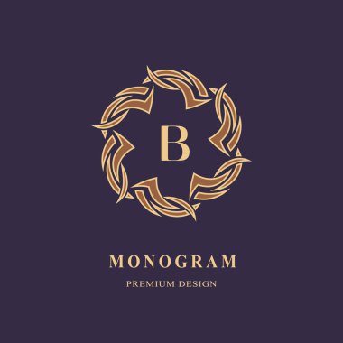 Monogram Tasarım öğeleri, zarif şablonu. Kaligrafi zarif hat sanat logo tasarımı. Büyük harf amblemi işareti B Royalty, kartvizit, butik, otel, Heraldic, takı. Vektör çizim