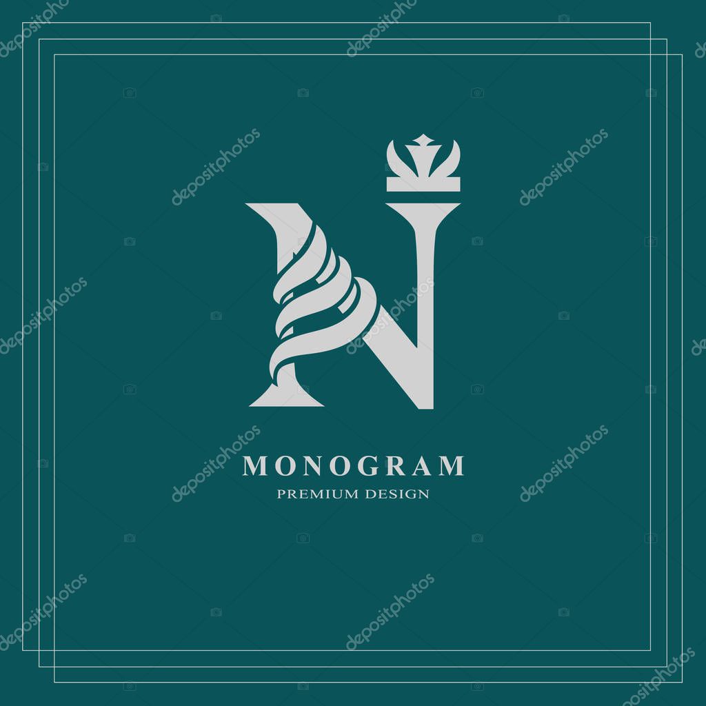 Elegant letter N with crown. Graceful royal style. Calligraphic beautiful logo. Vintage drawn emblem for book design, brand name, business card, Restaurant, Boutique, Hotel. Vector illustration