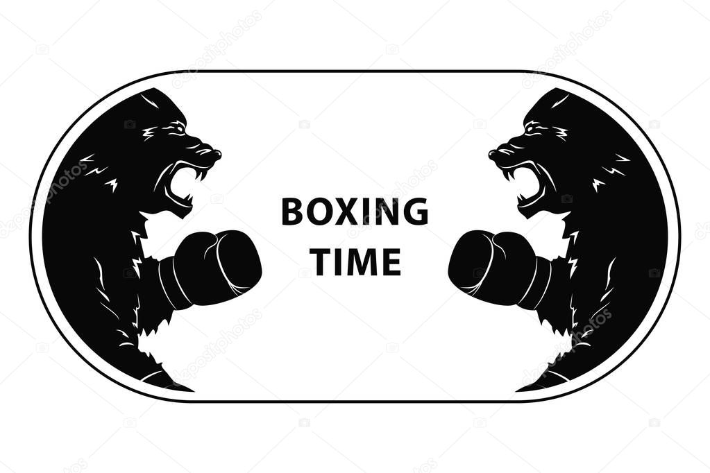 Two black bears fighting. Silhouettes of a wild animals in Boxing gloves. Emblem of snarling beasts for sport event. Art design. Vector illustration