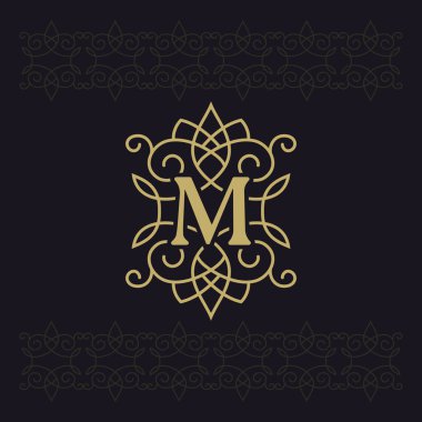 Büyük harf M. Beautiful monogram. Zarif logosunu görmeniz gerekir. Kaligrafi tasarım. Lüks amblemi. Vintage süsleme. Basit grafik stili. Butik marka siyah arka plan üzerinde gelişir. Vektör çizim
