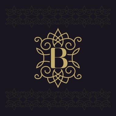 Büyük harf B. Beautiful monogram. Zarif logosunu görmeniz gerekir. Kaligrafi tasarım. Lüks amblemi. Vintage süsleme. Basit grafik stili. Butik marka siyah arka plan üzerinde gelişir. Vektör çizim