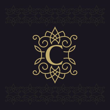 Büyük harf C. Beautiful monogram. Zarif logosunu görmeniz gerekir. Kaligrafi tasarım. Lüks amblemi. Vintage süsleme. Basit grafik stili. Butik marka siyah arka plan üzerinde gelişir. Vektör çizim