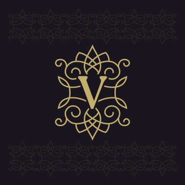 Büyük harf V. Beautiful monogram. Zarif logosunu görmeniz gerekir. Kaligrafi tasarım. Lüks amblemi. Vintage süsleme. Basit grafik stili. Butik marka siyah arka plan üzerinde gelişir. Vektör çizim