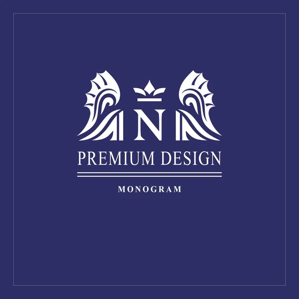 Art logo design. Capital letter N. Elegant emblem with crown, dragon wings. Beautiful creative monogram. Graceful sign for Royalty, business card, Boutique, Hotel, Heraldic. Vector illustration