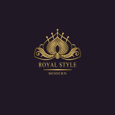 Altın liner monogram. Taç logo. Kral iz. Zarif tasarım. Royalty, kartvizit, şirket adı logosu, otel, Restoran için parlak hacimsel yaratıcı amblemi. 3D web simge vektör çizim