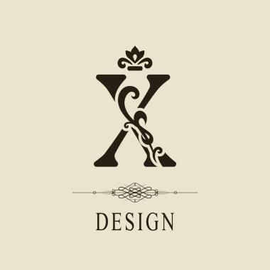 X. zarif royal stil zarif büyük harf. Kaligrafi güzel logo. Kitap tasarımı, marka adı, kartvizit, Restoran, butik, otel için vintage çiçek çizilmiş amblemi. Vektör çizim