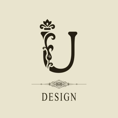 Zarif büyük harf U. zarif royal tarzı. Kaligrafi güzel logo. Kitap tasarımı, marka adı, kartvizit, Restoran, butik, otel için vintage çiçek çizilmiş amblemi. Vektör çizim