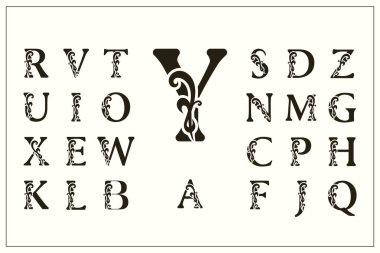 Zarif büyük harfler kümesi. Vintage logo. Telkari Monogram. Güzel koleksiyon. İngilizce alfabe. Basit çizilmiş amblem. Zarif stili. Kaligrafi amblem tasarımı. Vektör çizim