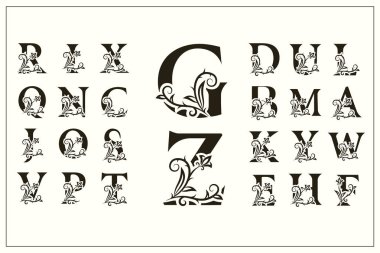Çiçek büyük harfler kümesi. Vintage logo. Telkari Monogram. Güzel koleksiyon. İngilizce alfabe. Basit çizilmiş amblem. Zarif stili. Kaligrafi amblem tasarımı. Vektör çizim