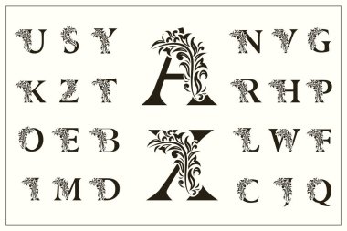 Çiçek büyük harfler kümesi. Vintage logo. Telkari Monogram. Güzel koleksiyon. İngilizce alfabe. Basit çizilmiş amblem. Zarif stili. Kaligrafi amblem tasarımı. Vektör çizim
