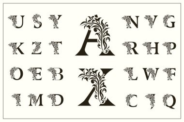 Set of Floral Capital Letters. Vintage Logos. Filigree Monograms. Beautiful Collection. English Alphabet. Simple Drawn Emblems. Graceful Style. Design of Calligraphic Insignia. Vector Illustration clipart
