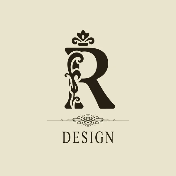 Elegantní velké písmeno R. půvabné královský styl. Kaligrafické krásné logo. Ročník květinové nakreslený znak pro knihu design, značka, vizitka, restaurace, butik, Hotel. Vektorové ilustrace — Stockový vektor