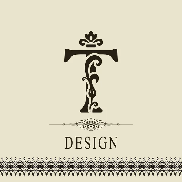 エレガントな資本の手紙 t. 優雅なロイヤル スタイル。カリグラフィの美しいロゴ。ブック デザイン、ブランド、ビジネス カード、レストラン、ブティック、ホテルのビンテージ花柄描かれたエンブレム。ベクトル図 — ストックベクタ