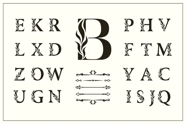 Uppsättning av eleganta versaler. Logotyper samling. Kreativa monogram med dekorativa element. Vackra engelska alfabetet. Enkla emblem. Graciösa utformningen av kalligrafiska insignier. Vektorillustration — Stock vektor