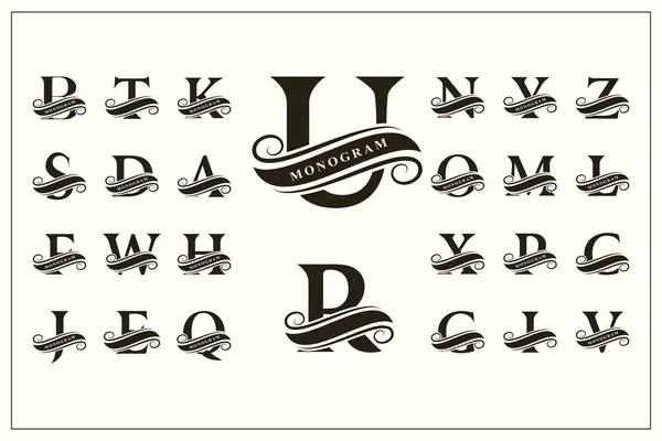 Conjunto de letras mayúsculas con estilo. Logos Vintage. Monogramas de filigrana. Cinta para Inscripción. Hermosa colección. Alfabeto Inglés. Emblemas simples. Diseño de Insignia Caligráfica. Ilustración vectorial — Vector de stock