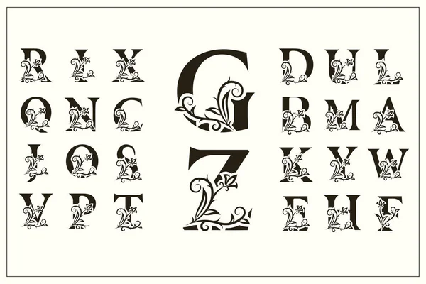 Conjunto de letras mayúsculas florales. Logos Vintage. Monogramas de filigrana. Hermosa colección. Alfabeto Inglés. Emblemas dibujados simples. Estilo elegante. Diseño de Insignia Caligráfica. Ilustración vectorial — Vector de stock