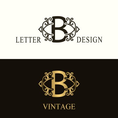 Şık büyük harf B. Vintage Logo. Telkari güzel Monogram. Çizilmiş lüks amblemi. Zarif stili. Siyah ve altın. Grafik süsleme. Kaligrafi Insignia basit tasarımı. Vektör çizim