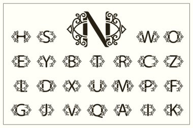 Şık büyük harfler kümesi. Vintage logo. Telkari Monogram. Güzel koleksiyon. İngilizce alfabe. Basit çizilmiş amblem. Zarif stili. Kaligrafi amblem tasarımı. Vektör çizim