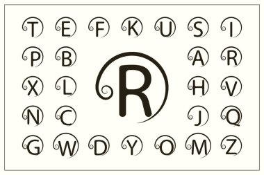 Bir Curl ile şık büyük harfler kümesi. Basit logolar. Yuvarlak Monogram. Güzel koleksiyon. İngilizce alfabe. Çizilmiş Amblemler. Zarif stili. Çizgi grafik, amblem tasarımı. Vektör çizim