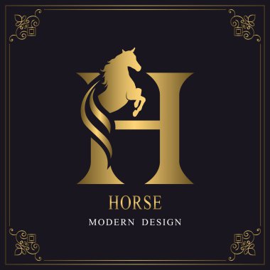 Bir at büyük harfi H. Kraliyet Logo. Kral aygır olarak atlama. Yarış atı kafa profil. Altın Monogram kenarlıklı siyah arka plan üzerine. Şık grafik şablon tasarım. Dövme. Vektör çizim