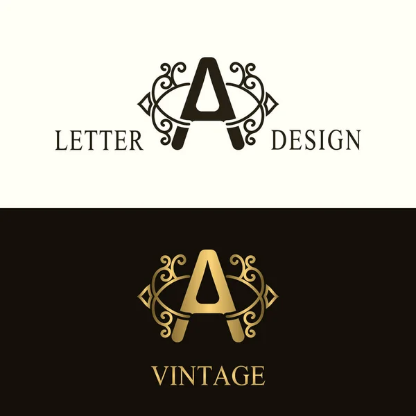 Stilvolle Großbuchstaben a. Vintage-Logo. Filigranes schönes Monogramm. Luxus gezeichnet Emblem. Anmutiger Stil. Schwarz und Gold. Grafisches Ornament. einfache Gestaltung kalligrafischer Abzeichen. Vektorillustration — Stockvektor