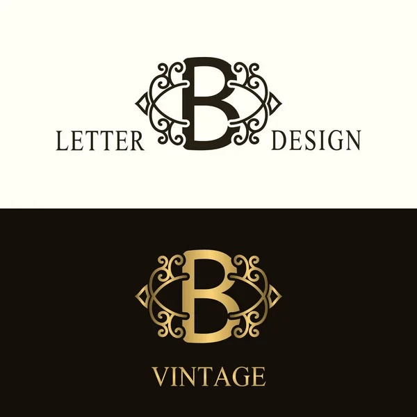 Stylish Capital letter B. Vintage Logo. Filigree Beautiful Monogram. Luxury Drawn Emblem. Graceful Style. Black and Gold. Graphic Ornament. Simple Design of Calligraphic Insignia. Vector Illustration