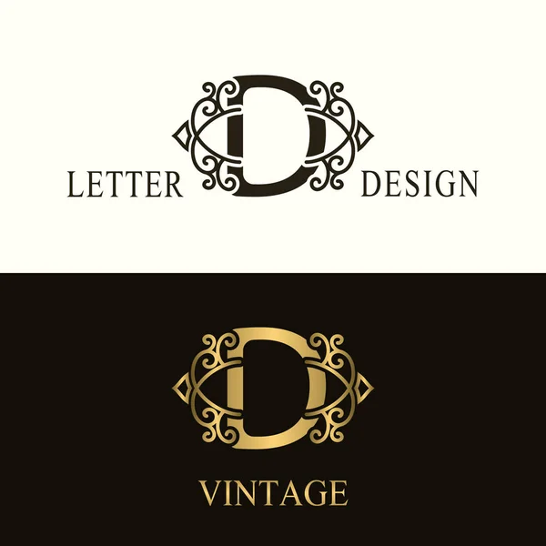 Stylový kapitálu písmeno D. Vintage Logo. Filigránové krásné Monogram. Luxusní nakreslena znak. Elegantní styl. Černá a zlatá. Grafické Ornament. Jednoduchý Design kaligrafických znaků. Vektorové ilustrace — Stockový vektor