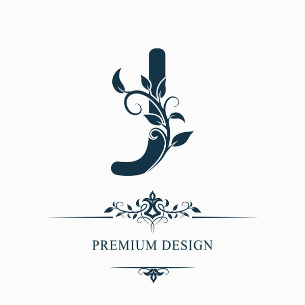 Luxe hoofdletter J. decoratieve bloemen Monogram. Tak met bladeren. Kalligrafische Logo sjabloon. Grafische embleem. Goed voor het ontwerp van pagina's, Stickers, bewegwijzering, etiketten, kaarten. Vectorillustratie — Stockvector