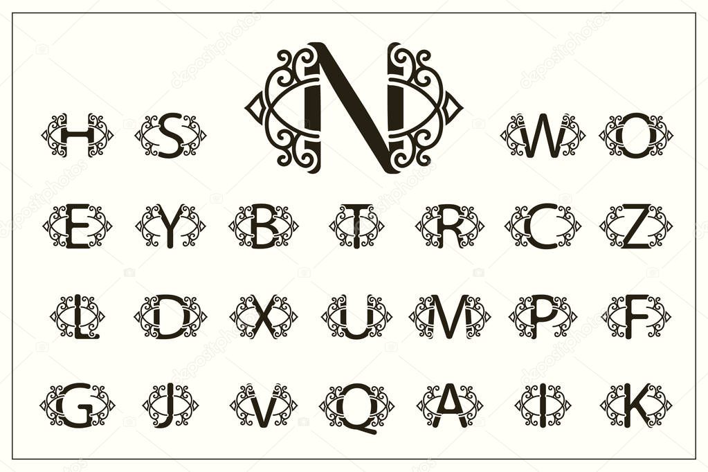 Set of Stylish Capital Letters. Vintage Logos. Filigree Monograms. Beautiful Collection. English Alphabet. Simple Drawn Emblems. Graceful Style. Design of Calligraphic Insignia. Vector Illustration