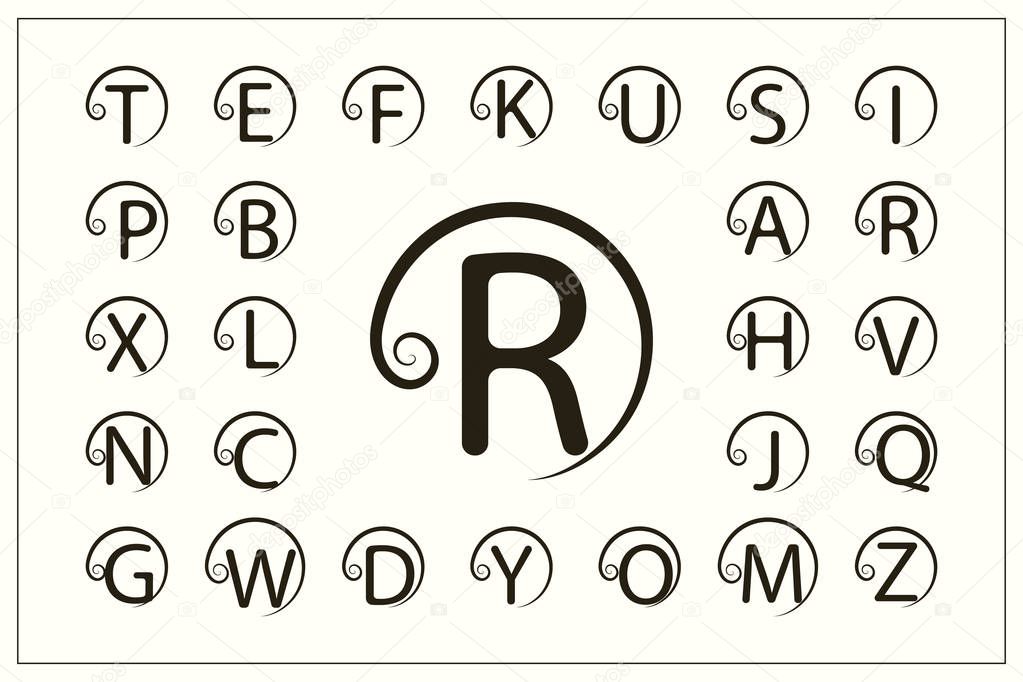 Set of Stylish Capital Letters with a Curl. Simple Logos. Round Monograms. Beautiful Collection. English Alphabet. Drawn Emblems. Graceful Style. Design of Line Graphics, Insignia. Vector Illustration