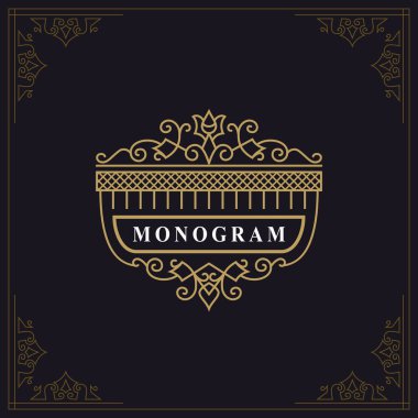 Monogram Zarif Şablon. Zarif Çizgi Sanat Logo Tasarımı. Lüks Crest, Royalty, Kartvizit, Butik, Otel, Restoran için Altın Amblem. Etiket çerçevesi. Kaligrafik Vintage Sınır. Vektör