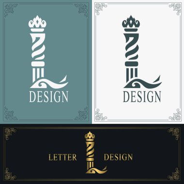 Zarif mektup L. Zarif kraliyet tarzı. Calligraphic güzel logosu. Kitap tasarımı için Vintage çizilmiş amblem, marka adı, kartvizit, Restoran, Butik, Otel. Vintage Sınır. Vektör çizimi