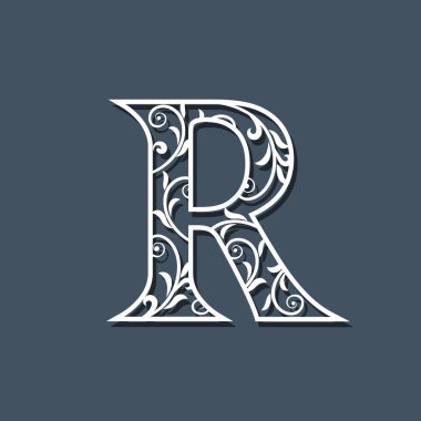 İlk Harf R. Çiçek Monogram Şablonu. Telkari Logosu. Çiçek Deseni. Zarif Amblem. Dekoratif Yazı Tipi. Zarif bir tarz. Kaligrafik Lüks Tasarım. Güzellik Süsü. Vektör İllüstrasyonu