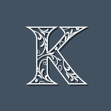 İlk Harf K. Çiçek Monogram Şablonu. Telkari Logosu. Çiçek Deseni. Zarif Amblem. Dekoratif Yazı Tipi. Zarif bir tarz. Kaligrafik Lüks Tasarım. Güzellik Süsü. Vektör İllüstrasyonu
