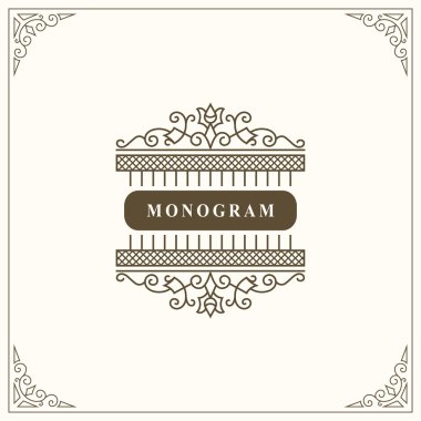 Monogram Zarif Şablon. Zarif Çizgi Sanat Logo Tasarımı. Lüks Crest, Royalty, Kartvizit, Butik, Otel, Restoran için Vintage Amblem. Etiket çerçevesi. Kaligrafik Vintage Sınır. Vektör