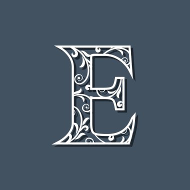 İlk Harf E. Çiçek Monogram Şablonu. Telkari Logosu. Çiçek Deseni. Zarif Amblem. Dekoratif Yazı Tipi. Zarif bir tarz. Kaligrafik Lüks Tasarım. Güzellik Süsü. Vektör İllüstrasyonu