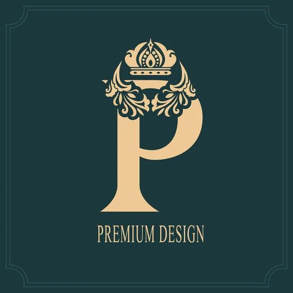 Elegante letra P con corona. Elegante estilo real. Caligrafía hermosa logotipo. Emblema Dibujado Vintage para Diseño de Libro, Nombre de Marca, Tarjeta de visita, Restaurante, Boutique, Cresta, Hotel. Ilustración vectorial — Archivo Imágenes Vectoriales