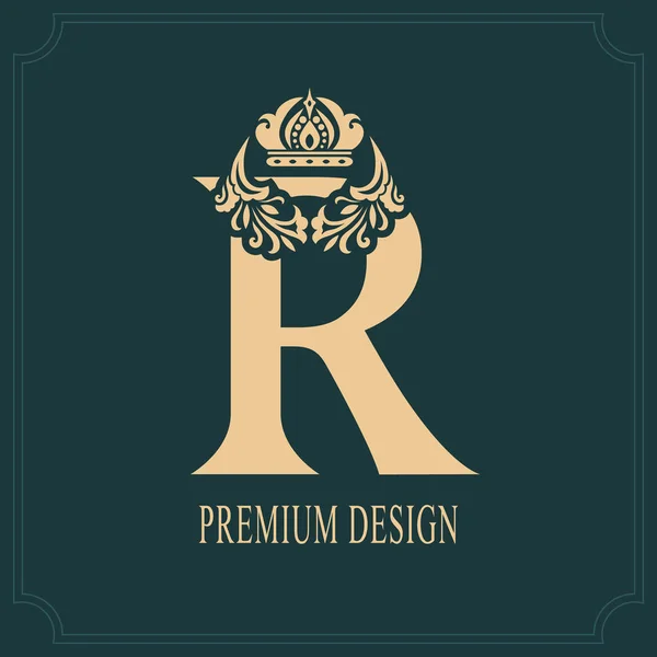 Elegant Letter R with Crown. Graceful Royal Style. Calligraphic Beautiful Logo. Vintage Drawn Emblem for Book Design, Brand Name, Business Card, Restaurant, Boutique, Crest, Hotel. Vector illustration — Stock Vector