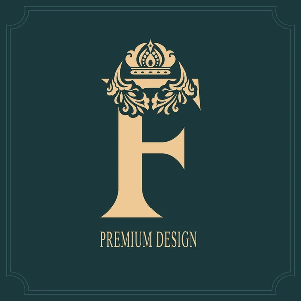 Elegante letra F con corona. Elegante estilo real. Caligrafía hermosa logotipo. Emblema Dibujado Vintage para Diseño de Libro, Nombre de Marca, Tarjeta de visita, Restaurante, Boutique, Cresta, Hotel. Ilustración vectorial — Archivo Imágenes Vectoriales