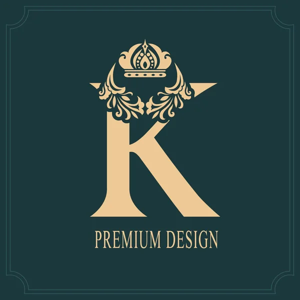 Carta K elegante com coroa. Estilo Real Gracioso. Caligráfico Logotipo bonito. Vintage Drawn Emblem para Design de Livro, Marca, Cartão de visita, Restaurante, Boutique, Crest, Hotel. Ilustração vetorial —  Vetores de Stock