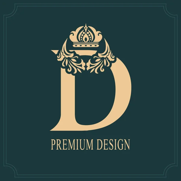 Elegante letra D con corona. Elegante estilo real. Caligrafía hermosa logotipo. Emblema Dibujado Vintage para Diseño de Libro, Nombre de Marca, Tarjeta de visita, Restaurante, Boutique, Cresta, Hotel. Ilustración vectorial — Archivo Imágenes Vectoriales