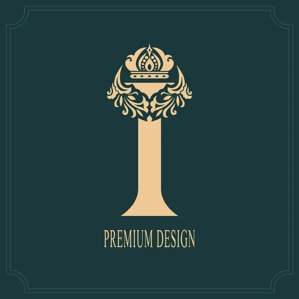 Elegante Carta I con Corona. Elegante estilo real. Caligrafía hermosa logotipo. Emblema Dibujado Vintage para Diseño de Libro, Nombre de Marca, Tarjeta de visita, Restaurante, Boutique, Cresta, Hotel. Ilustración vectorial — Archivo Imágenes Vectoriales