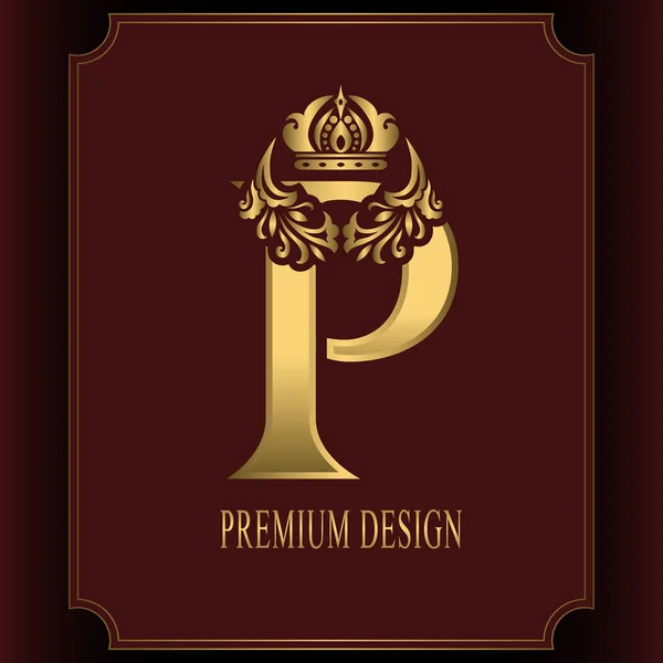 Gold Letter P with Crown. Graceful Royal Style. Calligraphic Beautiful Logo. Vintage Drawn Emblem for Book Design, Brand Name, Business Card, Restaurant, Boutique, Crest, Hotel. Vector illustration — Stock Vector