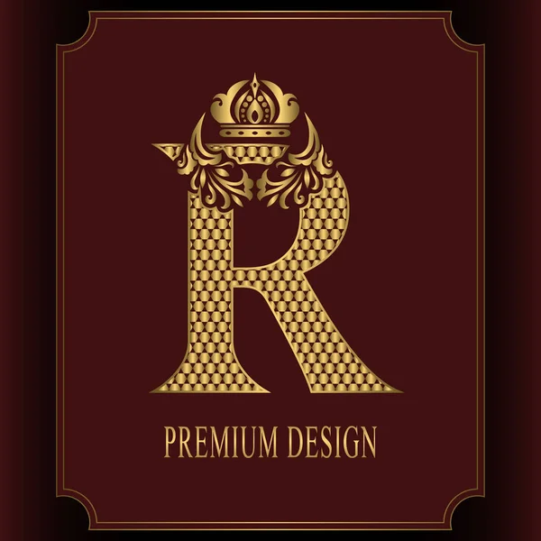 Or Lettre R avec Couronne. Style Royal gracieux. Logo Calligraphique Belle. Emblème Dessiné Vintage pour la Conception de Livre, Nom de Marque, Carte de visite, Restaurant, Boutique, Cimier, Hôtel. Illustration vectorielle — Image vectorielle