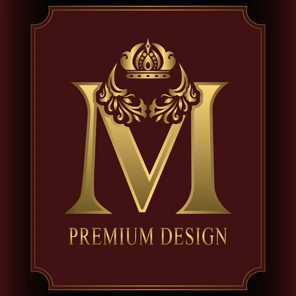 Letra M dorada con corona. Elegante estilo real. Caligrafía hermosa logotipo. Emblema Dibujado Vintage para Diseño de Libro, Nombre de Marca, Tarjeta de visita, Restaurante, Boutique, Cresta, Hotel. Ilustración vectorial — Archivo Imágenes Vectoriales