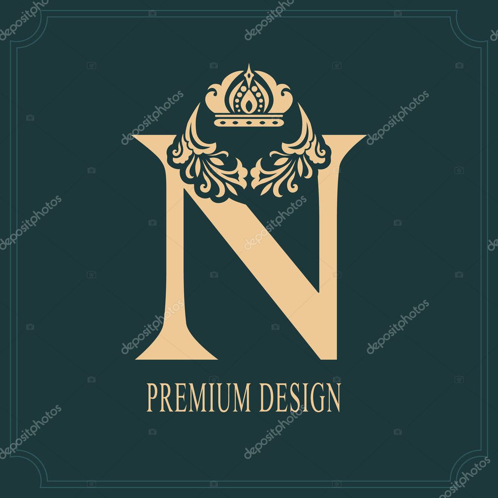 Elegant Letter N with Crown. Graceful Royal Style. Calligraphic Beautiful Logo. Vintage Drawn Emblem for Book Design, Brand Name, Business Card, Restaurant, Boutique, Crest, Hotel. Vector illustration