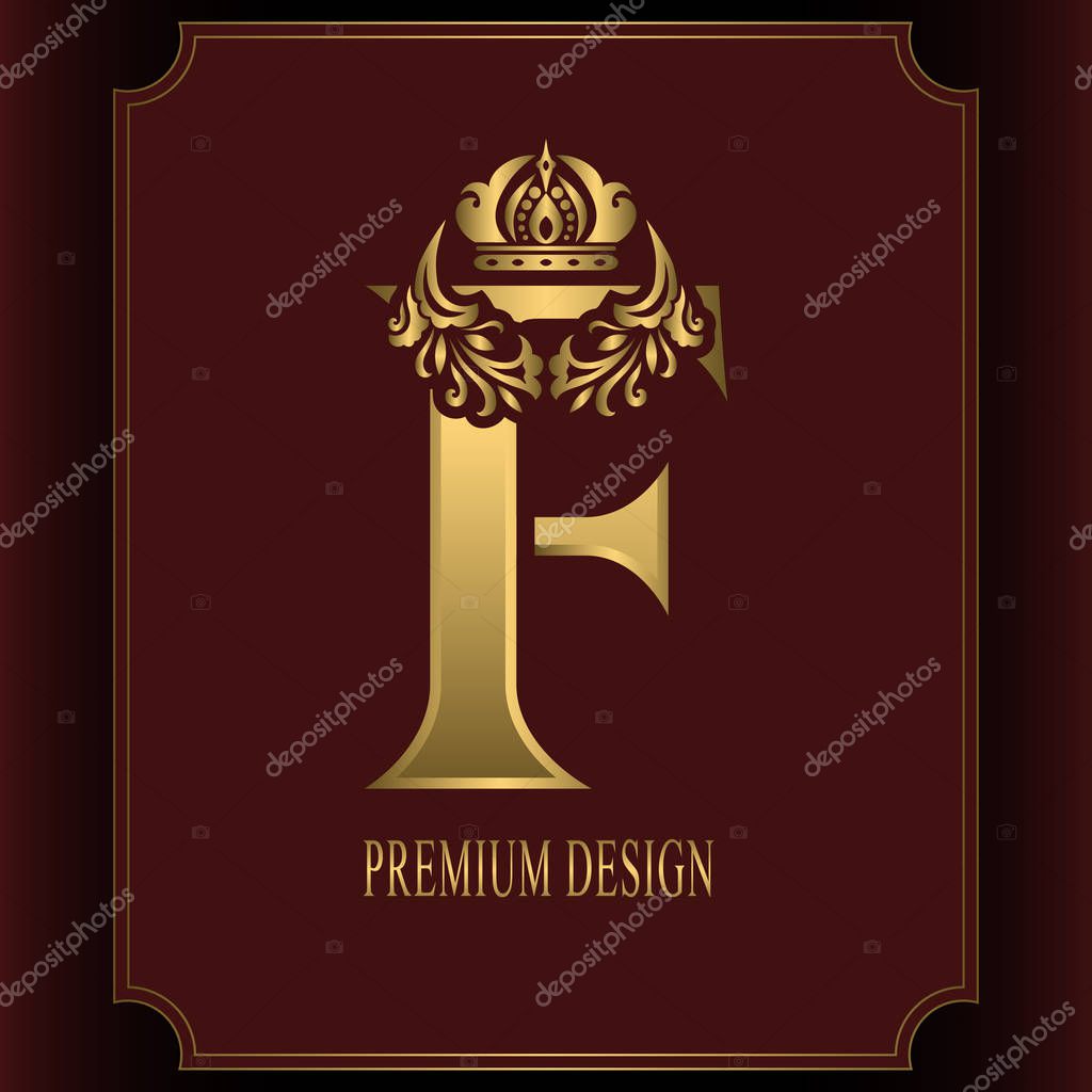 Gold Letter F with Crown. Graceful Royal Style. Calligraphic Beautiful Logo. Vintage Drawn Emblem for Book Design, Brand Name, Business Card, Restaurant, Boutique, Crest, Hotel. Vector illustration