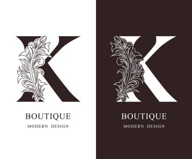 Zarif büyük harf K. zarif royal tarzı. Kaligrafi güzel logo. Kitap tasarımı, marka adı, kartvizit, Restoran, butik, otel için vintage çiçek çizilmiş amblemi. Vektör çizim