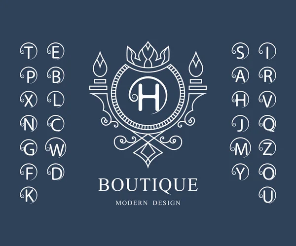 Lineaire monogram sjabloon. Set van stijlvolle hoofd letters met een krul. Simpel logo. Engels alfabet. Elegante lijn Art Design. Embleem voor Crest, Royalty, Boutique, Hotel, Restaurant, heraldische. Vector — Stockvector